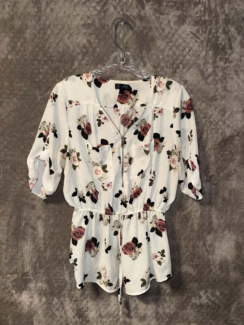 J for Justify Women's Floral Print Short Sleeve  Zip V Sheer Blouse